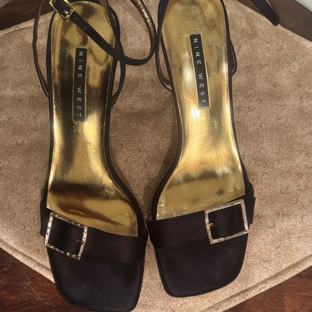 Nine West Black Strappy Heels with Gold Insole